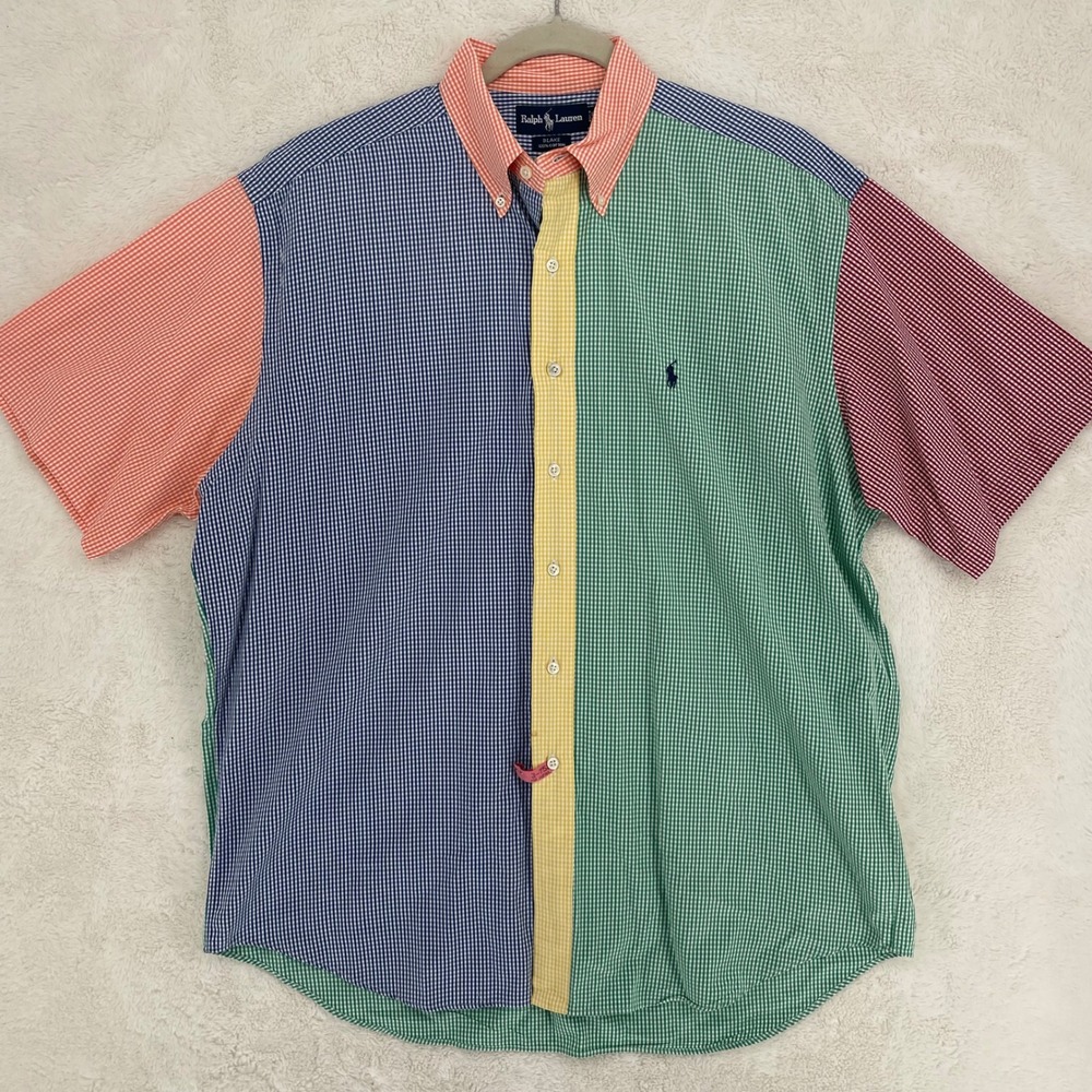 Ralph Lauren Blake Mens Large Multi Color Gingham Colorblock Short Sleeve Shirt